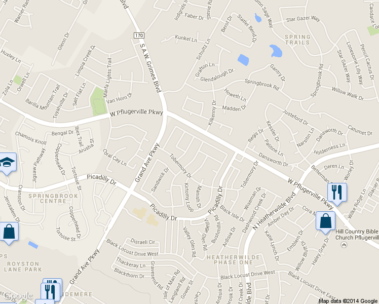map of restaurants, bars, coffee shops, grocery stores, and more near 17601 Strontian Pass in Pflugerville