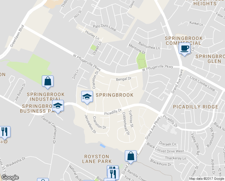 map of restaurants, bars, coffee shops, grocery stores, and more near 1703 Bengal Drive in Round Rock