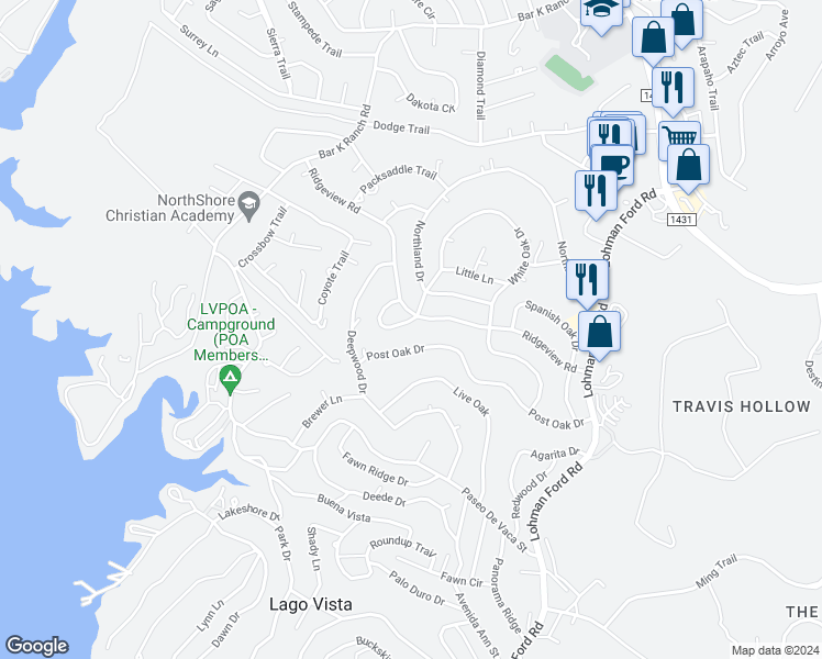 map of restaurants, bars, coffee shops, grocery stores, and more near 21003 Ridgeview Loop in Lago Vista