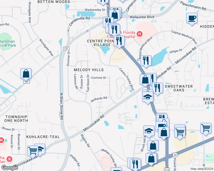 map of restaurants, bars, coffee shops, grocery stores, and more near 2131 Sand Dune Court in Tallahassee