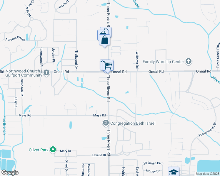 map of restaurants, bars, coffee shops, grocery stores, and more near 12450 Three Rivers Road in Gulfport