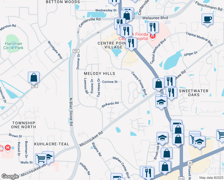 map of restaurants, bars, coffee shops, grocery stores, and more near 1928 Shelby Court in Tallahassee