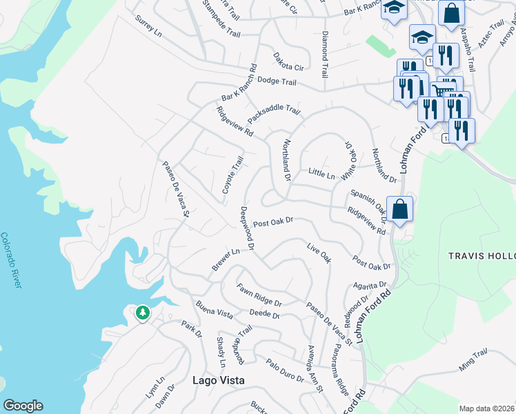 map of restaurants, bars, coffee shops, grocery stores, and more near 21013 Ridgeview Loop in Lago Vista