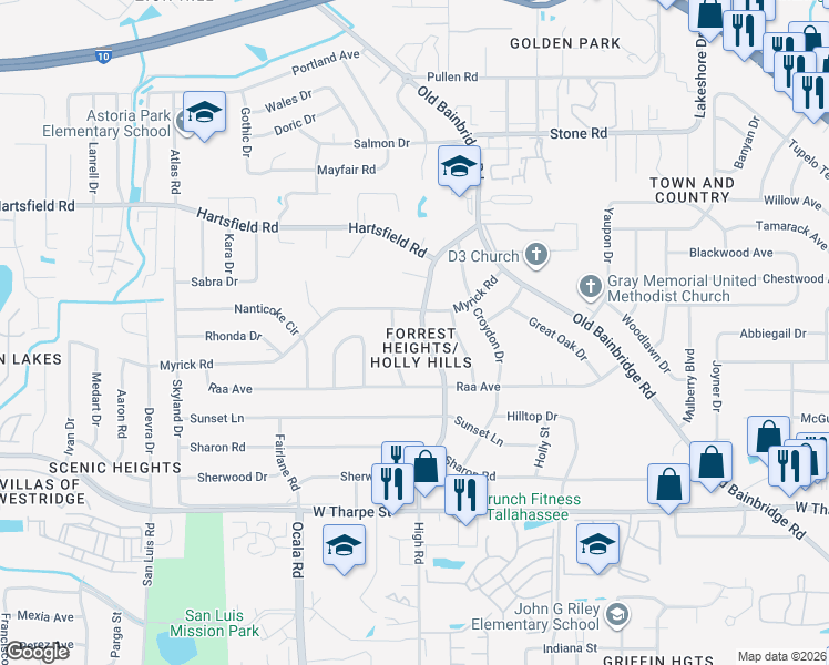 map of restaurants, bars, coffee shops, grocery stores, and more near 2114 High Road in Tallahassee