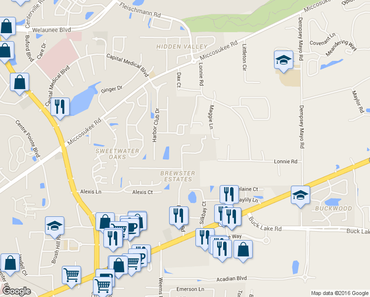 map of restaurants, bars, coffee shops, grocery stores, and more near 4357 Brewster Road in Tallahassee
