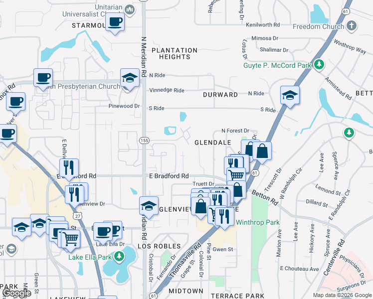 map of restaurants, bars, coffee shops, grocery stores, and more near 2020 Forest Glen Court in Tallahassee