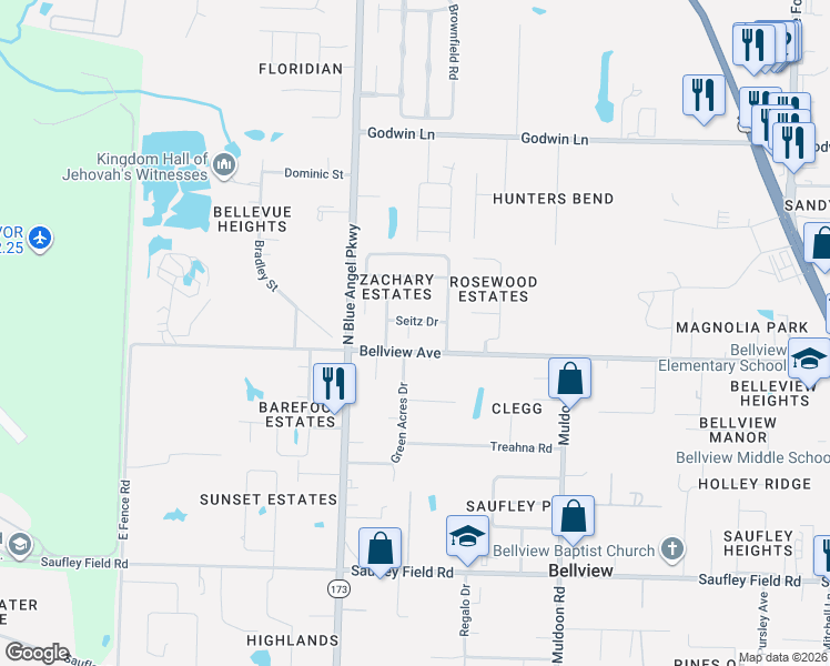 map of restaurants, bars, coffee shops, grocery stores, and more near 5012 Audrey Sue Court in Pensacola