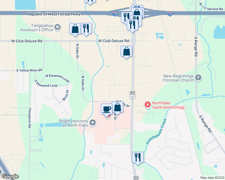 map of restaurants, bars, coffee shops, grocery stores, and more near 42158 Bailey Drive in Hammond