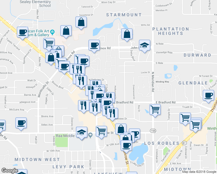 map of restaurants, bars, coffee shops, grocery stores, and more near 2107 East Dellview Drive in Tallahassee