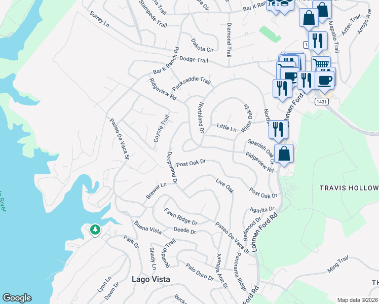 map of restaurants, bars, coffee shops, grocery stores, and more near 21003 Ridgeview Loop in Lago Vista