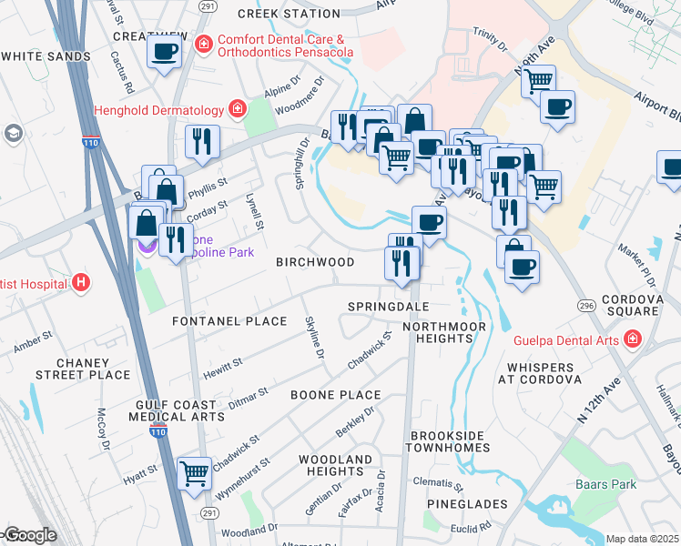 map of restaurants, bars, coffee shops, grocery stores, and more near 4802 Birchwood Place in Pensacola