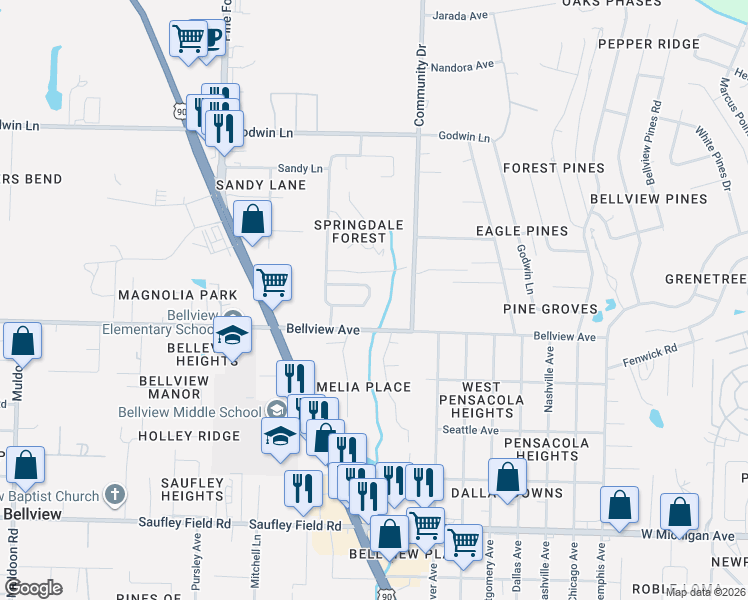 map of restaurants, bars, coffee shops, grocery stores, and more near 2041 Sequoia Circle in Pensacola