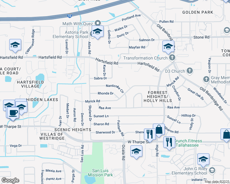 map of restaurants, bars, coffee shops, grocery stores, and more near 1904 Rhonda Drive in Tallahassee