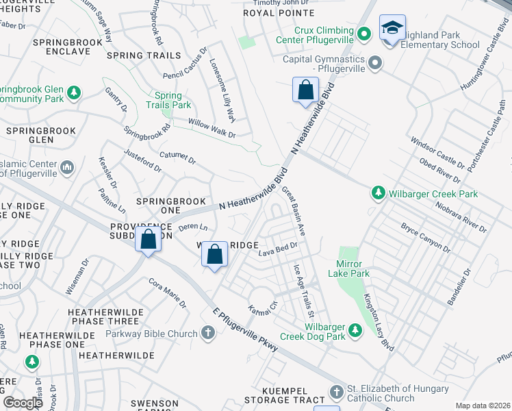 map of restaurants, bars, coffee shops, grocery stores, and more near 18008 Wilke Ridge Lane in Pflugerville