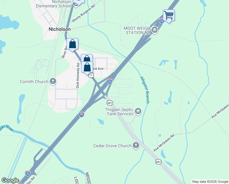 map of restaurants, bars, coffee shops, grocery stores, and more near Interstate 59 in Picayune