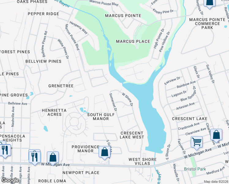 map of restaurants, bars, coffee shops, grocery stores, and more near 6043 West Shore Drive in Pensacola