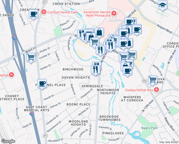 map of restaurants, bars, coffee shops, grocery stores, and more near 4805 North 9th Avenue in Pensacola
