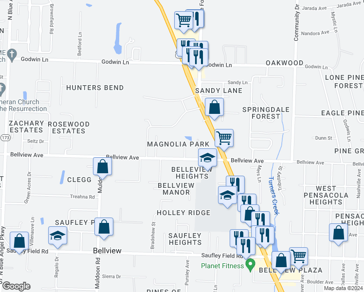 map of restaurants, bars, coffee shops, grocery stores, and more near 4631 Petra Circle in Pensacola
