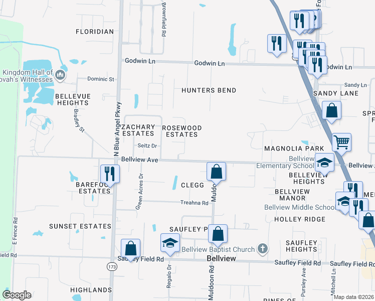 map of restaurants, bars, coffee shops, grocery stores, and more near 6016 Yellow Rose Drive in Pensacola