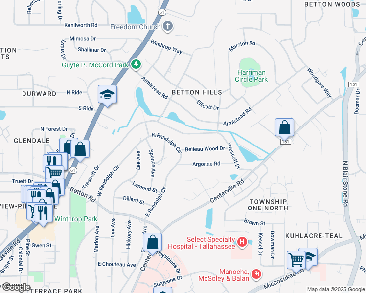 map of restaurants, bars, coffee shops, grocery stores, and more near 1500 Belleau Wood Drive in Tallahassee