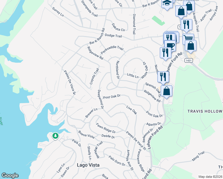 map of restaurants, bars, coffee shops, grocery stores, and more near 21003 Ridgeview Loop in Lago Vista