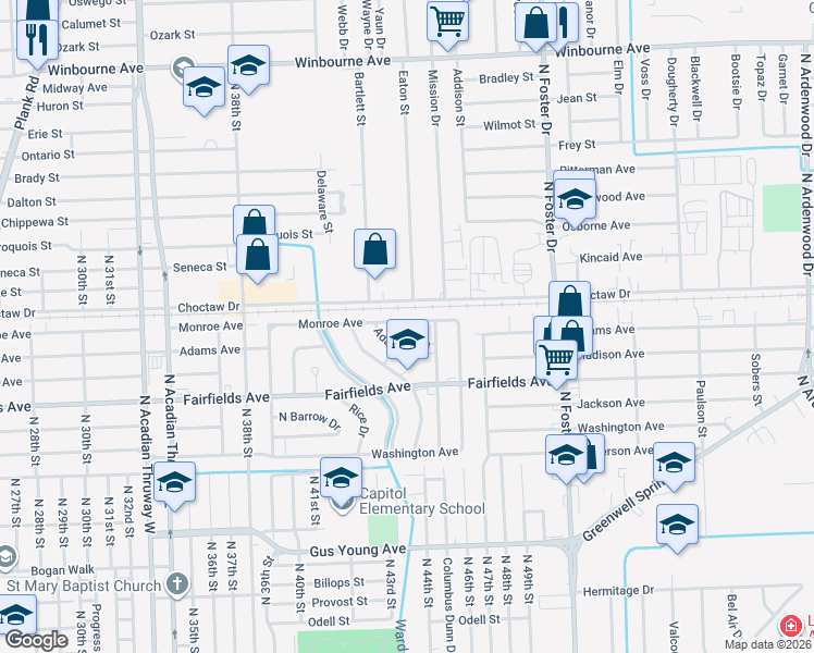 map of restaurants, bars, coffee shops, grocery stores, and more near 4414 Monroe Avenue in Baton Rouge
