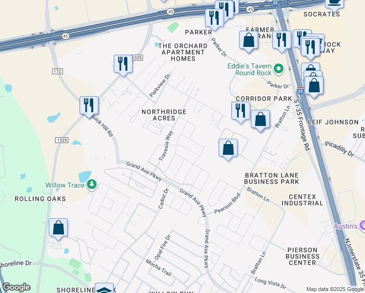 map of restaurants, bars, coffee shops, grocery stores, and more near 3804 Tranquil Lane in Austin