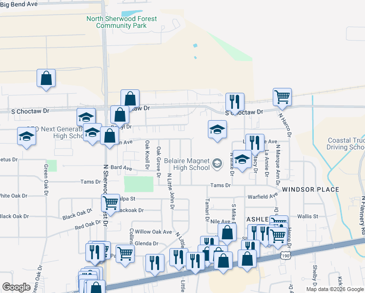 map of restaurants, bars, coffee shops, grocery stores, and more near 2236 Shady Oaks Drive in Baton Rouge