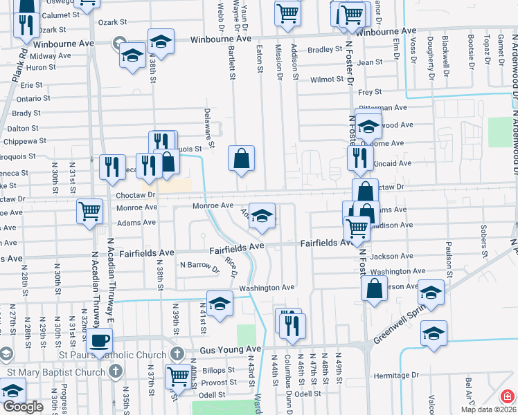 map of restaurants, bars, coffee shops, grocery stores, and more near 4414 Monroe Avenue in Baton Rouge