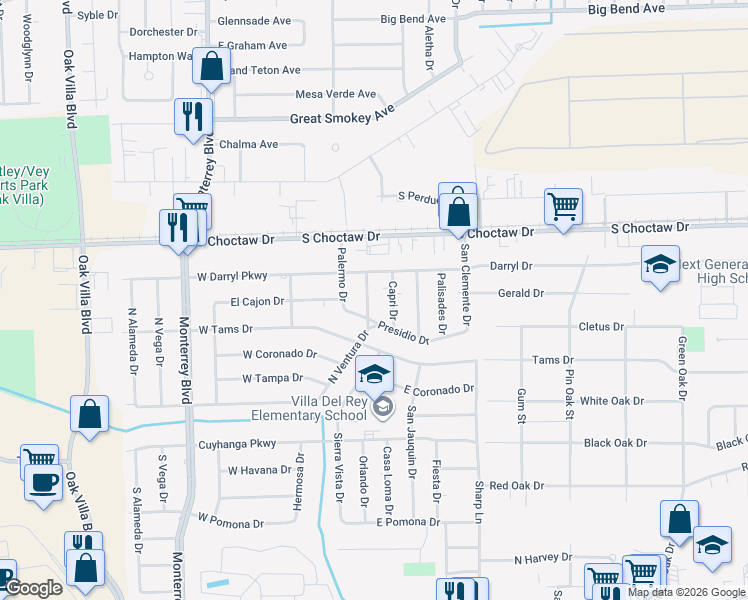 map of restaurants, bars, coffee shops, grocery stores, and more near 2177 North Ventura Drive in Baton Rouge