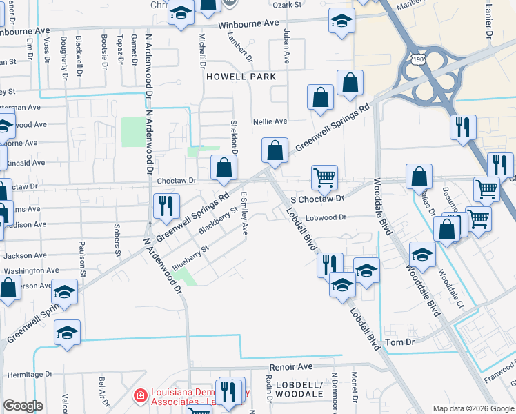 map of restaurants, bars, coffee shops, grocery stores, and more near 2392 East Smiley Avenue in Baton Rouge
