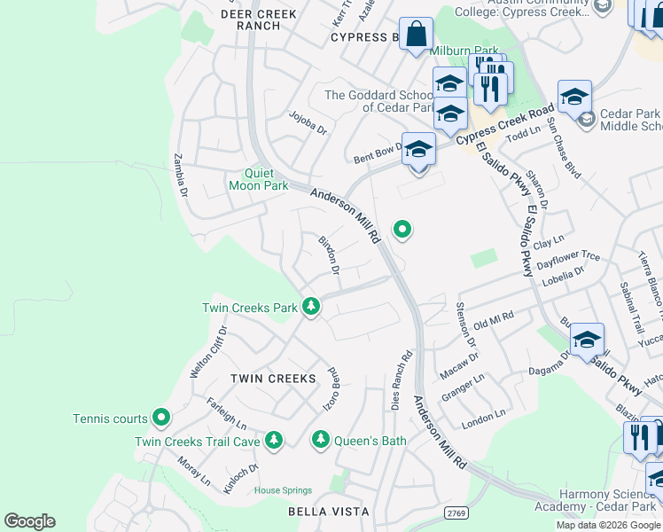 map of restaurants, bars, coffee shops, grocery stores, and more near 2120 Bindon Drive in Cedar Park