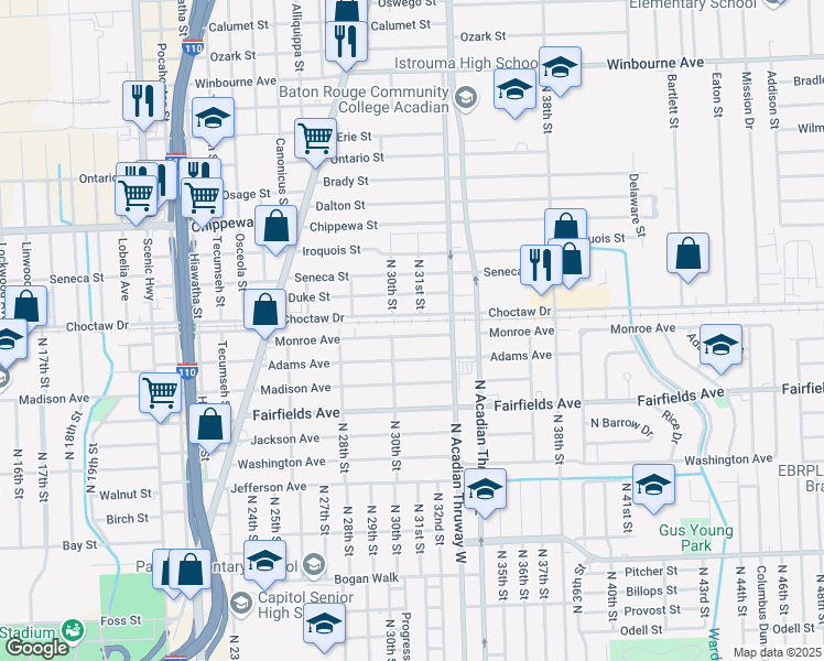 map of restaurants, bars, coffee shops, grocery stores, and more near 3045 Monroe Avenue in Baton Rouge