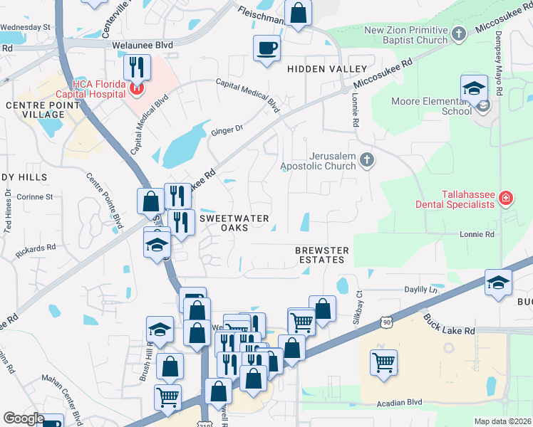 map of restaurants, bars, coffee shops, grocery stores, and more near 1632 Miccosukee Loop in Tallahassee