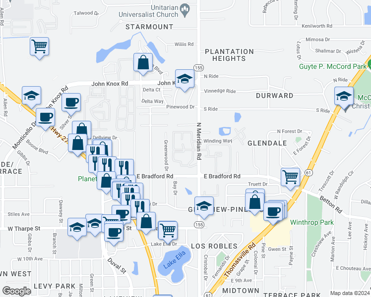 map of restaurants, bars, coffee shops, grocery stores, and more near 2000 North Meridian Road in Tallahassee