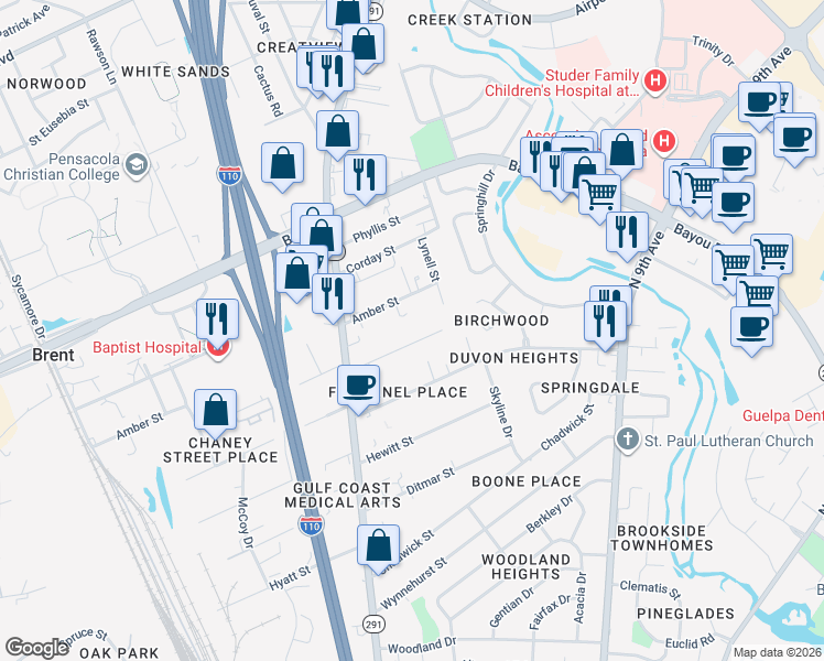 map of restaurants, bars, coffee shops, grocery stores, and more near 544 Selina Street in Pensacola