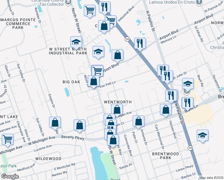 map of restaurants, bars, coffee shops, grocery stores, and more near 1201 Concordia Boulevard in Pensacola