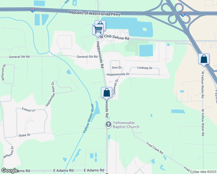 map of restaurants, bars, coffee shops, grocery stores, and more near 42410 Happywoods Road in Hammond