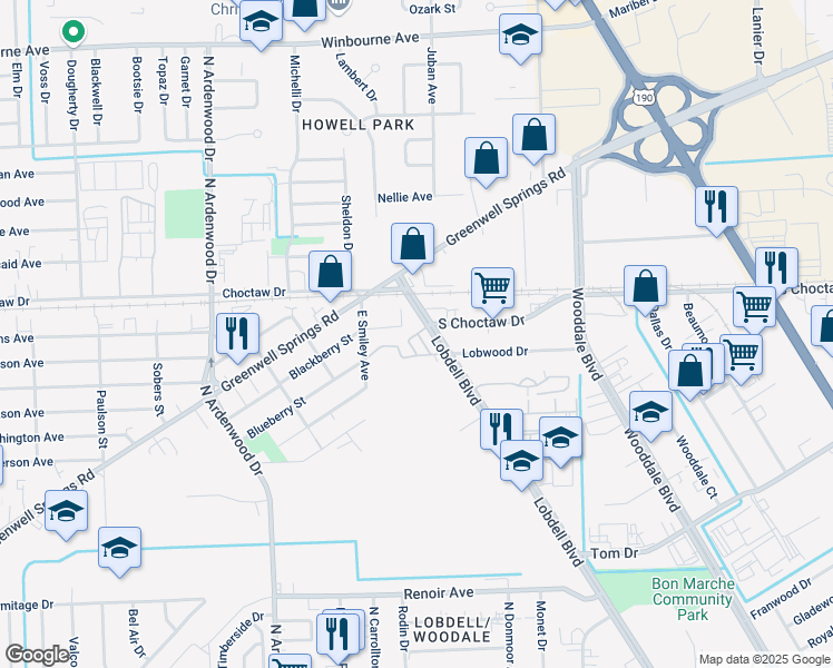 map of restaurants, bars, coffee shops, grocery stores, and more near 2121 Lobdell Boulevard in Baton Rouge