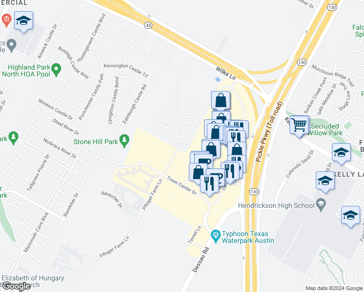 map of restaurants, bars, coffee shops, grocery stores, and more near Hill Top Commercial Dr in Pflugerville