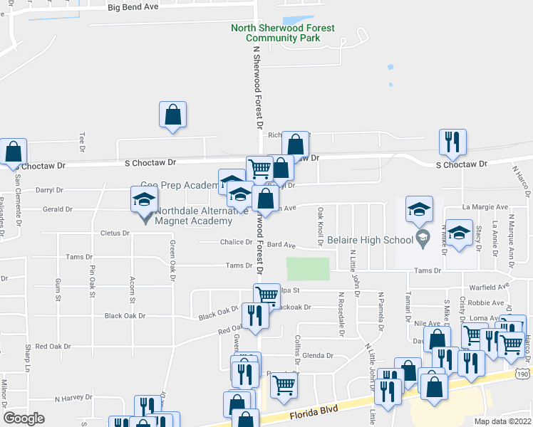 map of restaurants, bars, coffee shops, grocery stores, and more near 2244 North Sherwood Forest Drive in Baton Rouge