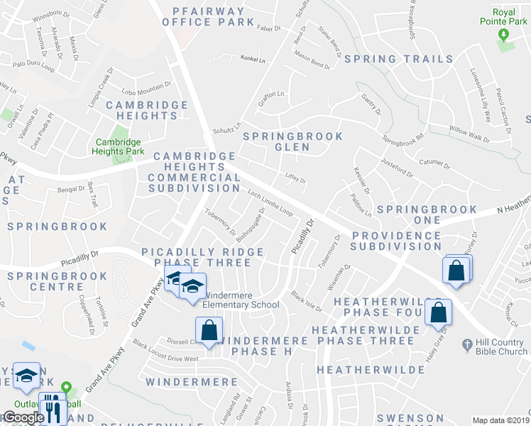 map of restaurants, bars, coffee shops, grocery stores, and more near 17531 Bishopsgate Drive in Pflugerville