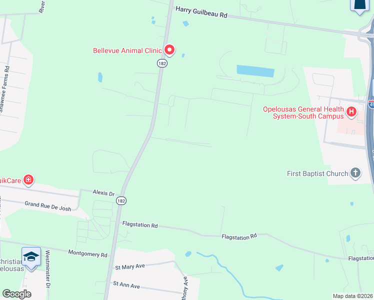 map of restaurants, bars, coffee shops, grocery stores, and more near 196 Shady Oaks Road in Opelousas