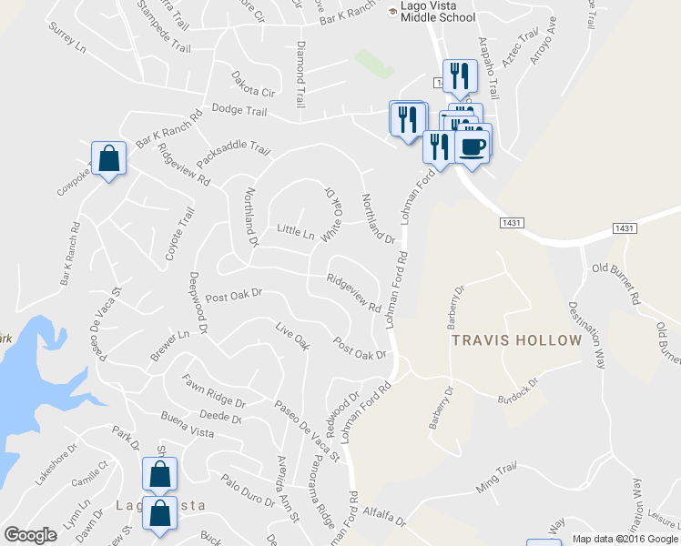 map of restaurants, bars, coffee shops, grocery stores, and more near 20708 Ridgeview Road in Lago Vista