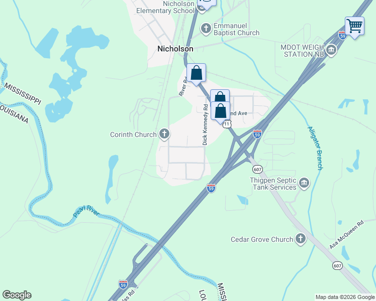 map of restaurants, bars, coffee shops, grocery stores, and more near 118 Thomas Stockstill Road in Picayune