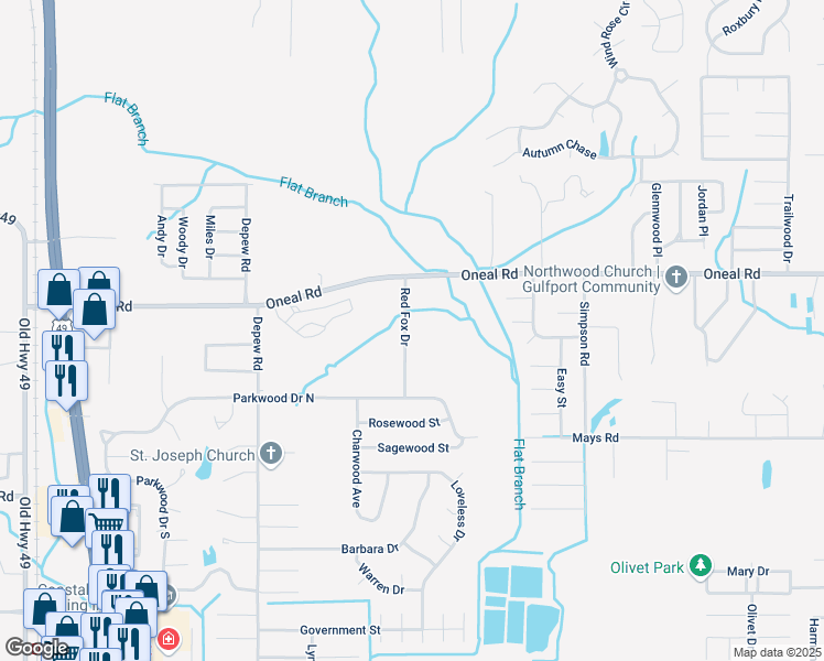 map of restaurants, bars, coffee shops, grocery stores, and more near 12461 Red Fox Drive in Gulfport