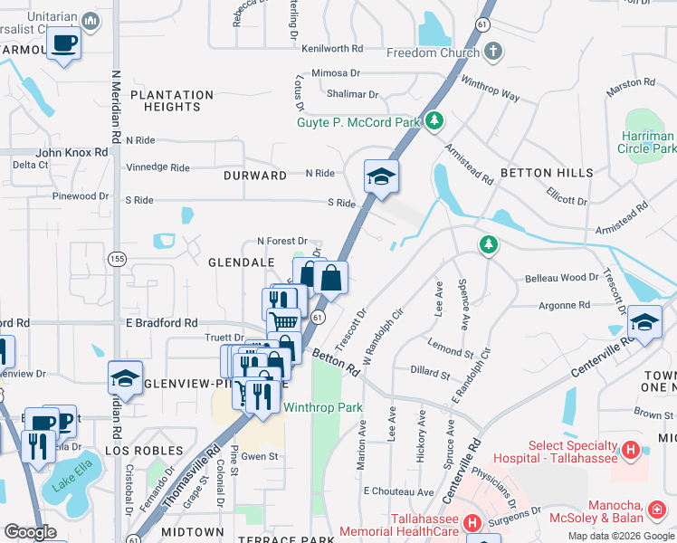 map of restaurants, bars, coffee shops, grocery stores, and more near 2060 Thomasville Road in Tallahassee
