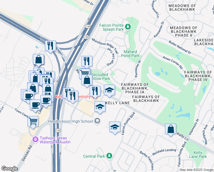map of restaurants, bars, coffee shops, grocery stores, and more near 2102 Heritage Well Lane in Pflugerville