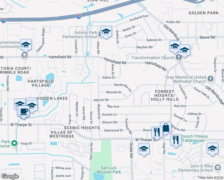 map of restaurants, bars, coffee shops, grocery stores, and more near 1914 Rhonda Drive in Tallahassee
