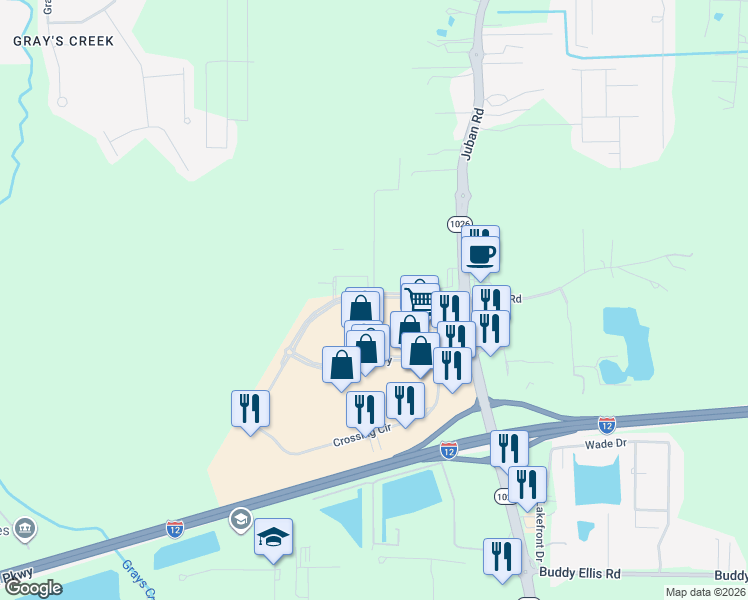 map of restaurants, bars, coffee shops, grocery stores, and more near Juban Crossing Blvd in Denham Springs